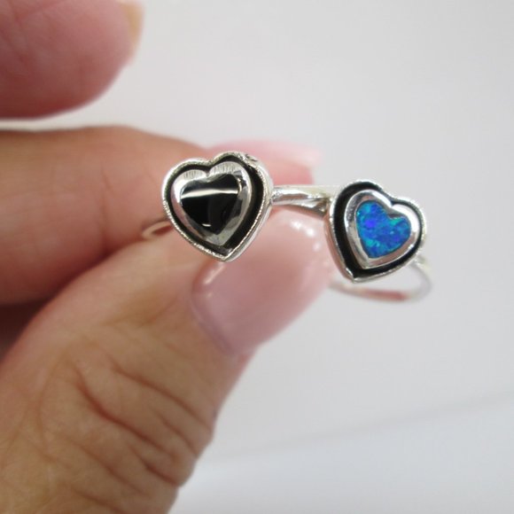 Dainty Heart Rings>Choice of Black Onyx or Blue Opal>925 Sterling Silver ring - Picture 2 of 6